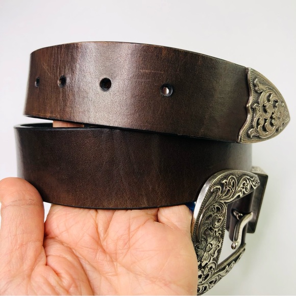 Silpada Designs Genuine Italian Brown Leather Belt M Silver Metal Buckle Cowboy - Picture 6 of 9
